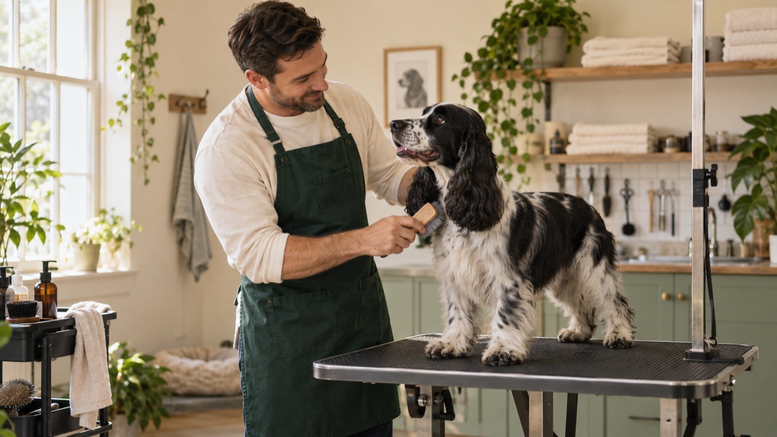 A dog groomer brushing a cocker spaniel on a grooming table in a bright home studio